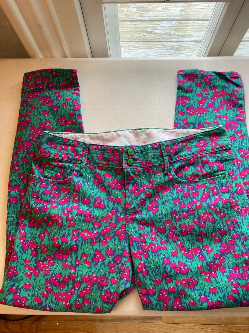 Lilly Pulitzer Green Skinny Jeans with Pink Floral Print